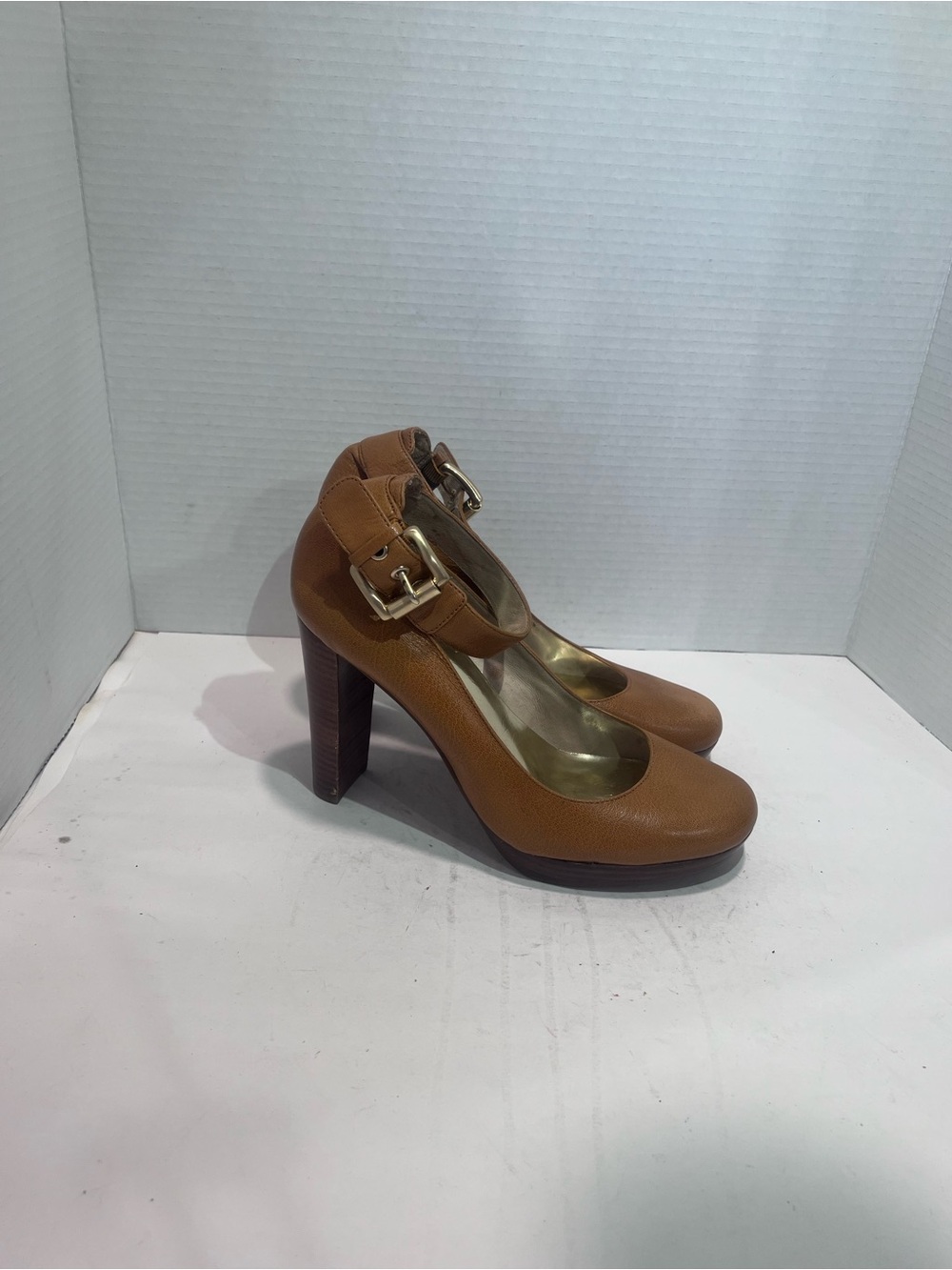 Michael Kors Cognac Ankle-Strap Block Heel Pumps